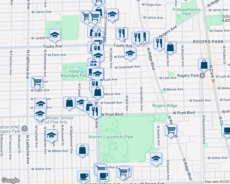map of restaurants, bars, coffee shops, grocery stores, and more near 2240 West Morse Avenue in Chicago
