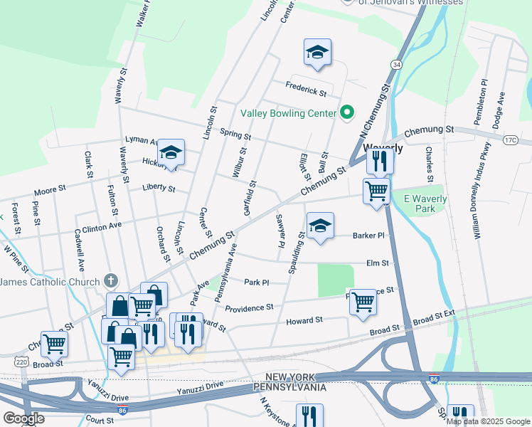 map of restaurants, bars, coffee shops, grocery stores, and more near New York State Bicycle Route 17 in Waverly