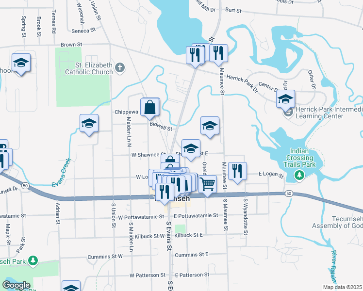 map of restaurants, bars, coffee shops, grocery stores, and more near 1082 East Chicago Boulevard in Tecumseh