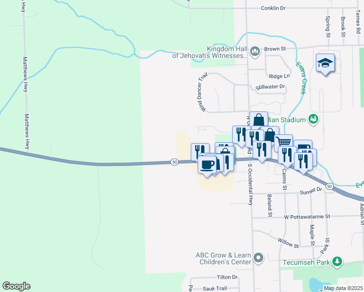 map of restaurants, bars, coffee shops, grocery stores, and more near 2554-2728 E Monroe Rd in Tecumseh