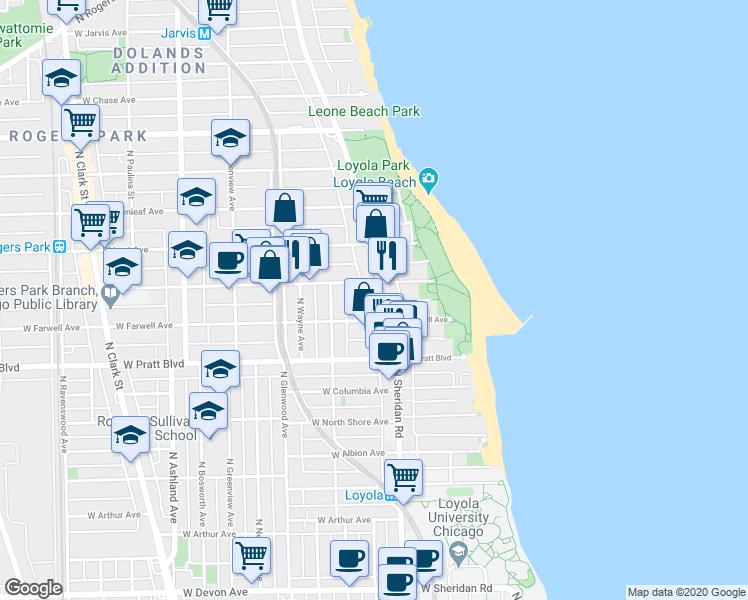 map of restaurants, bars, coffee shops, grocery stores, and more near in Chicago