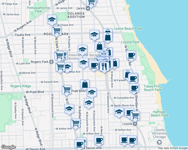 map of restaurants, bars, coffee shops, grocery stores, and more near 6925 North Greenview Avenue in Chicago