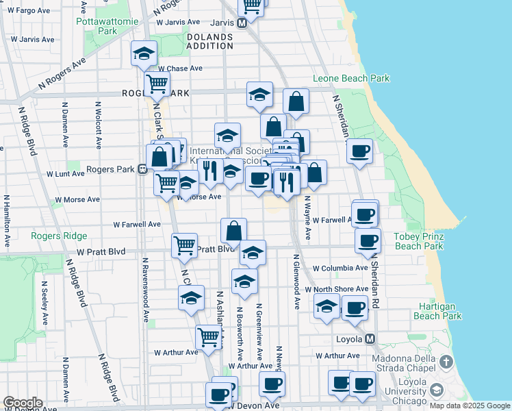 map of restaurants, bars, coffee shops, grocery stores, and more near 1527 West Morse Avenue in Chicago
