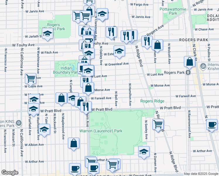 map of restaurants, bars, coffee shops, grocery stores, and more near 2220 West Morse Avenue in Chicago