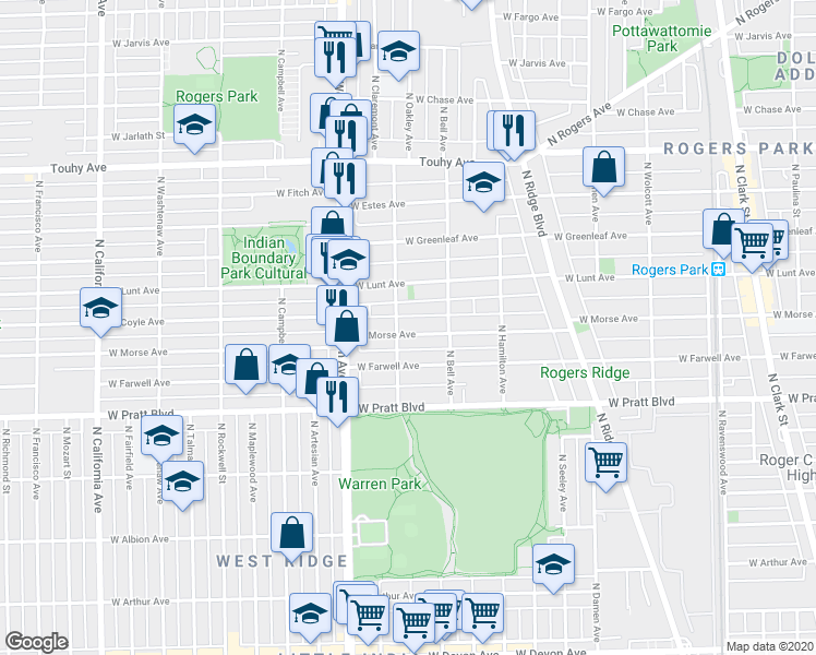 map of restaurants, bars, coffee shops, grocery stores, and more near 2220 West Morse Avenue in Chicago