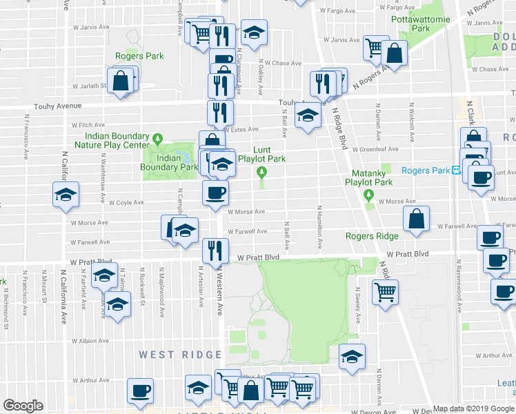 map of restaurants, bars, coffee shops, grocery stores, and more near 2220 West Morse Avenue in Chicago