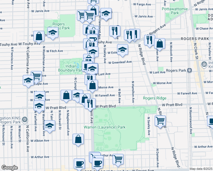 map of restaurants, bars, coffee shops, grocery stores, and more near 2308 West Morse Avenue in Chicago