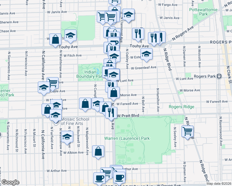 map of restaurants, bars, coffee shops, grocery stores, and more near 6933 North Western Avenue in Chicago
