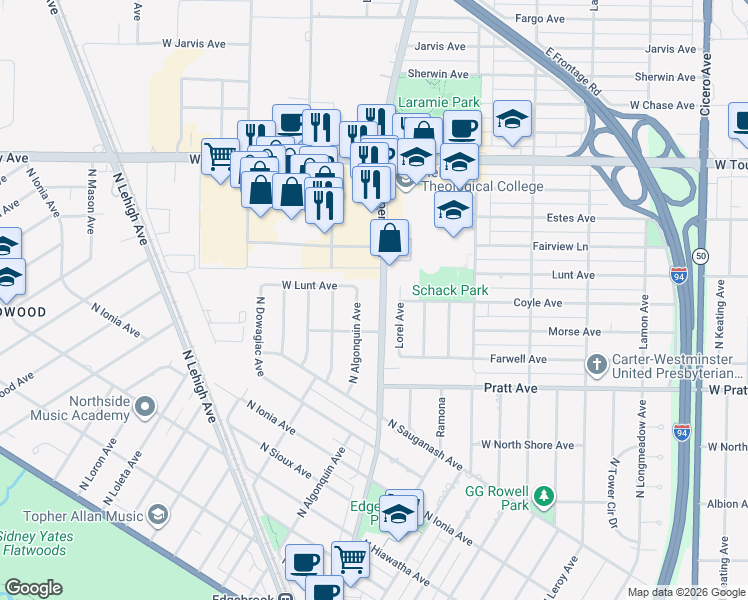 map of restaurants, bars, coffee shops, grocery stores, and more near 6938 North Central Avenue in Chicago