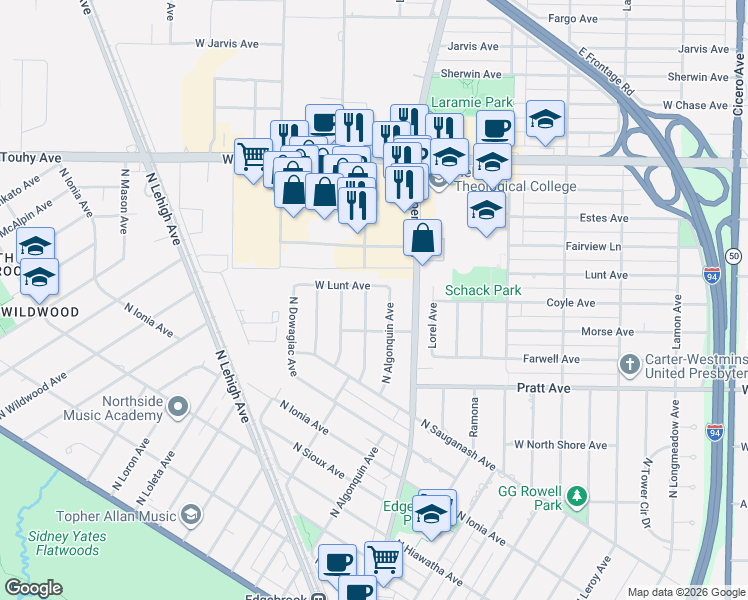 map of restaurants, bars, coffee shops, grocery stores, and more near 6937 North Minnetonka Avenue in Chicago