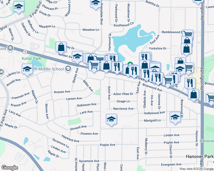 map of restaurants, bars, coffee shops, grocery stores, and more near 1515 McKool Avenue in Streamwood