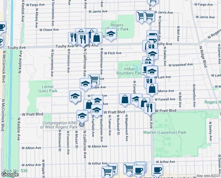 map of restaurants, bars, coffee shops, grocery stores, and more near 2627 West Coyle Avenue in Chicago