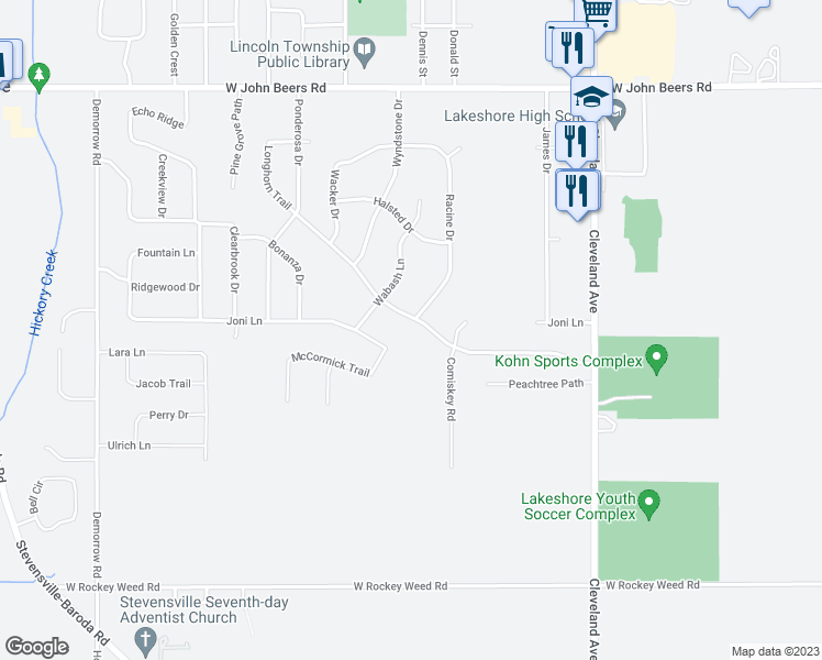 map of restaurants, bars, coffee shops, grocery stores, and more near 6076 Longhorn Trail in Stevensville