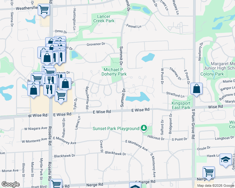 map of restaurants, bars, coffee shops, grocery stores, and more near 1072 Newport Harbor in Schaumburg