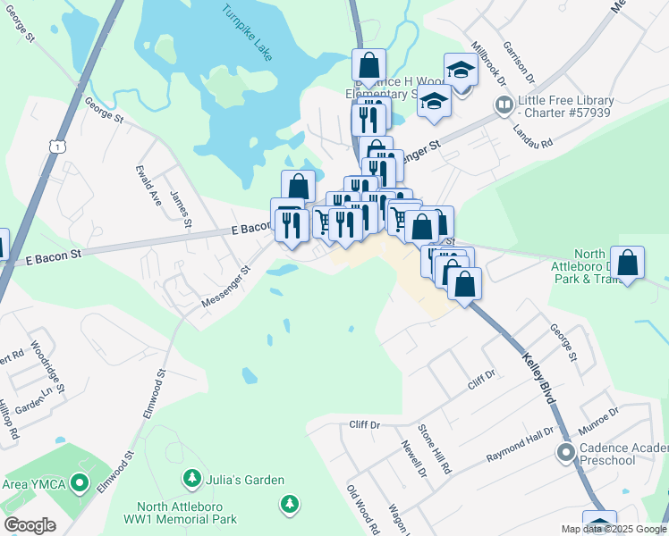 map of restaurants, bars, coffee shops, grocery stores, and more near 51 Man-Mar Drive in Plainville