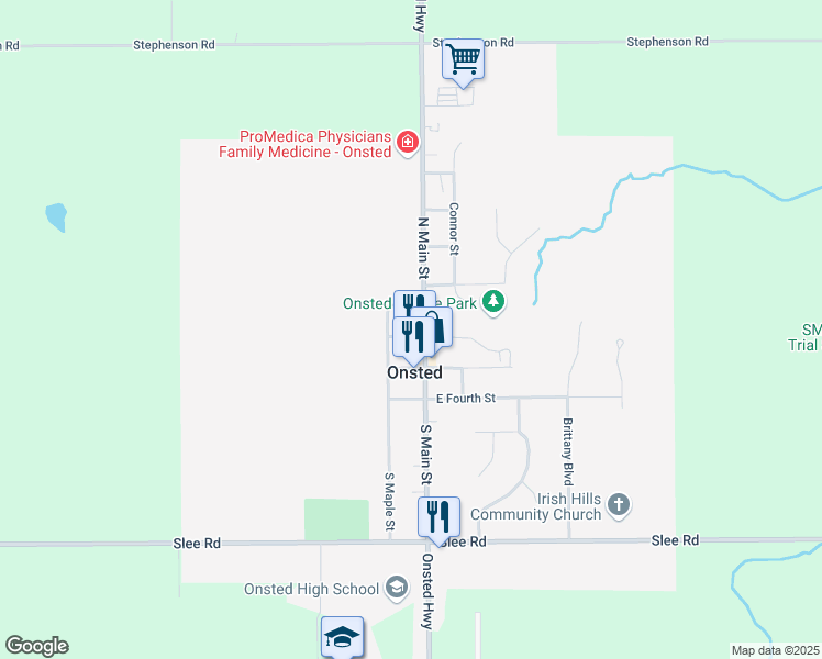 map of restaurants, bars, coffee shops, grocery stores, and more near 10109 Slee Road in Onsted