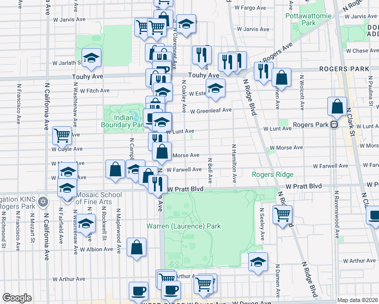 map of restaurants, bars, coffee shops, grocery stores, and more near 2220 West Morse Avenue in Chicago
