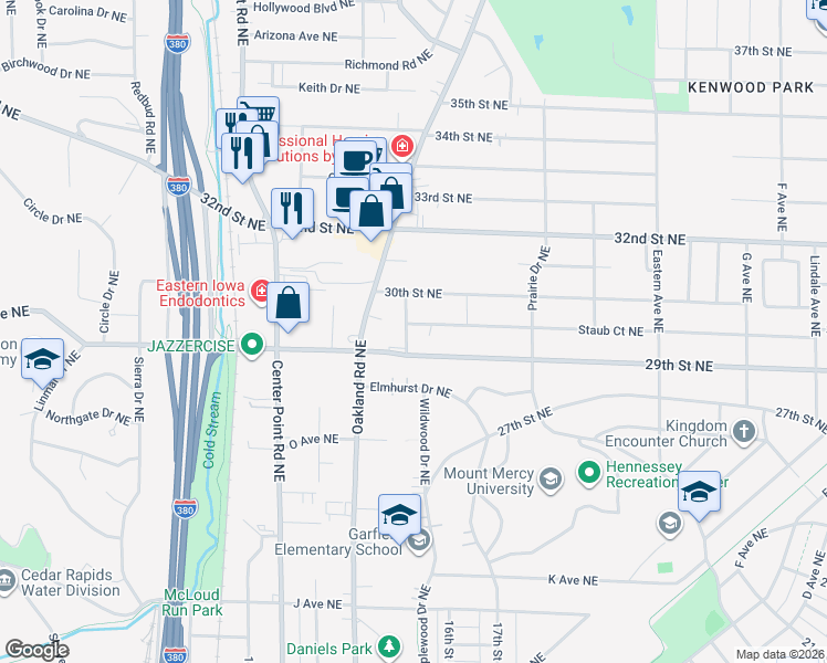 map of restaurants, bars, coffee shops, grocery stores, and more near 2920 Wildwood Court Northeast in Cedar Rapids