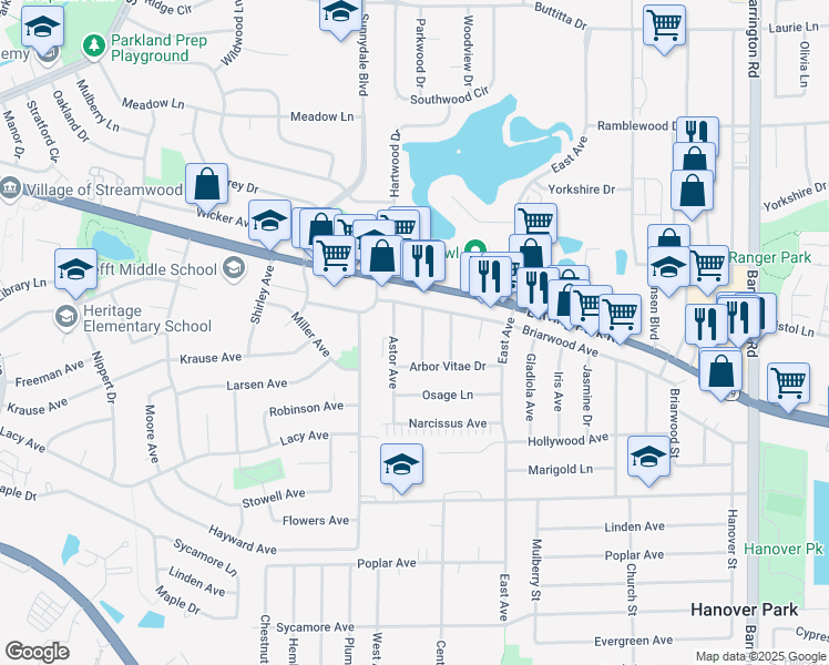 map of restaurants, bars, coffee shops, grocery stores, and more near 7441 Camelia Drive in Hanover Park