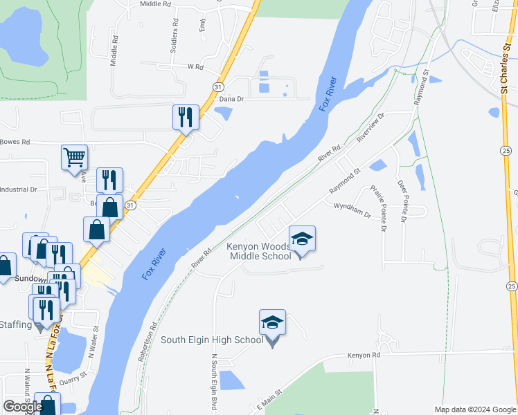 map of restaurants, bars, coffee shops, grocery stores, and more near 1510 River Road in South Elgin