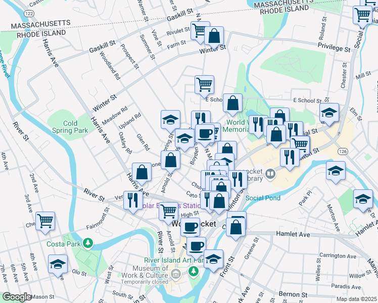map of restaurants, bars, coffee shops, grocery stores, and more near 60 High School Street in Woonsocket