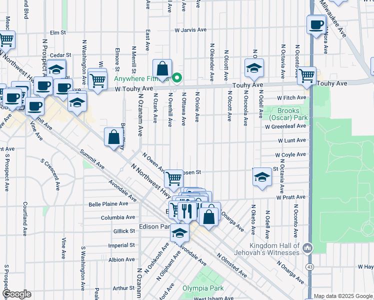 map of restaurants, bars, coffee shops, grocery stores, and more near 6949 North Ottawa Avenue in Chicago