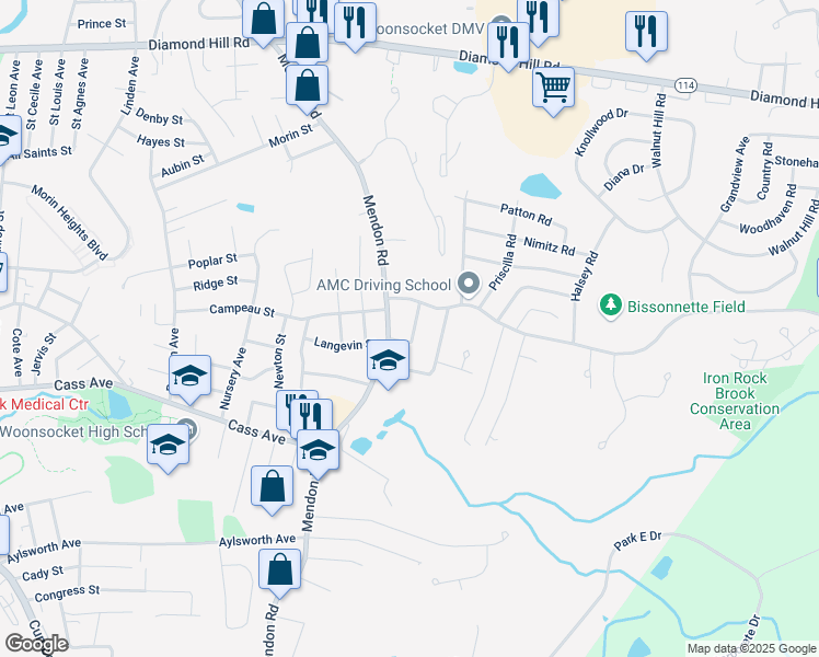 map of restaurants, bars, coffee shops, grocery stores, and more near 70 Conrad Street in Woonsocket