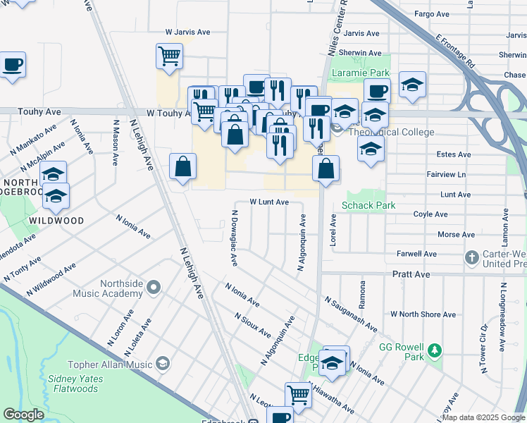 map of restaurants, bars, coffee shops, grocery stores, and more near 6932 North Waukesha Avenue in Chicago