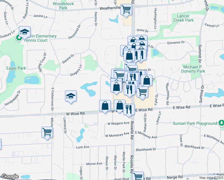 map of restaurants, bars, coffee shops, grocery stores, and more near 120 Oliver Court in Schaumburg