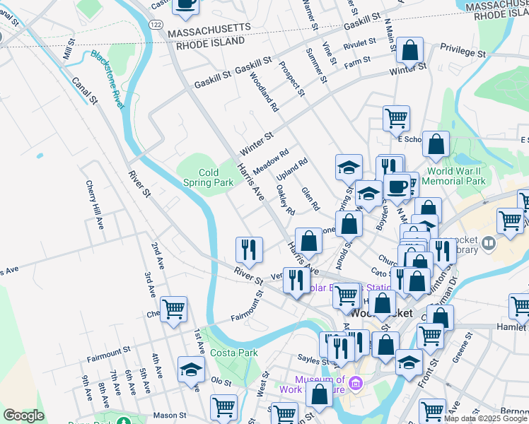 map of restaurants, bars, coffee shops, grocery stores, and more near 246 Harris Avenue in Woonsocket