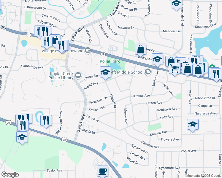 map of restaurants, bars, coffee shops, grocery stores, and more near 1309 Nippert Dr in Streamwood