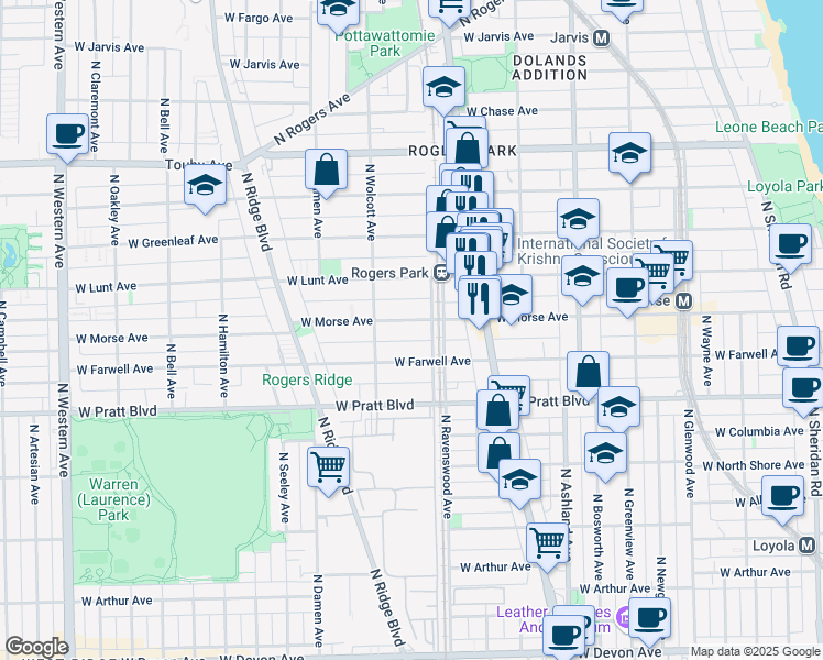 map of restaurants, bars, coffee shops, grocery stores, and more near 1819 West Morse Avenue in Chicago