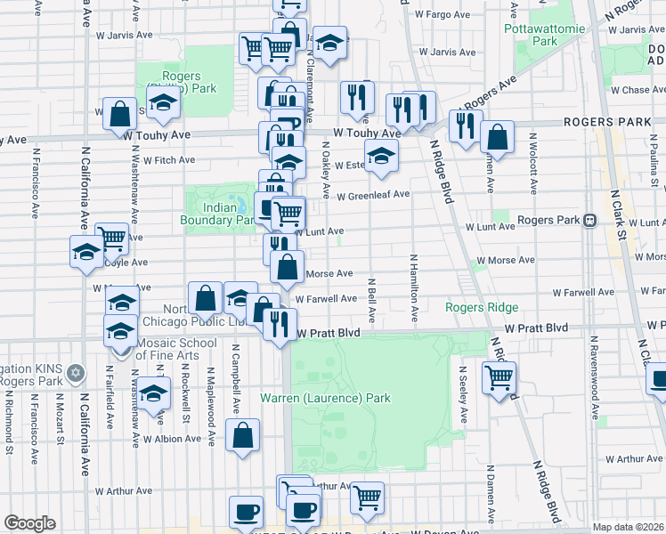 map of restaurants, bars, coffee shops, grocery stores, and more near 2308 West Morse Avenue in Chicago