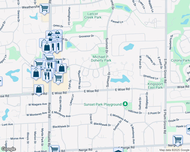 map of restaurants, bars, coffee shops, grocery stores, and more near 1061 Brunswick Harbor in Schaumburg