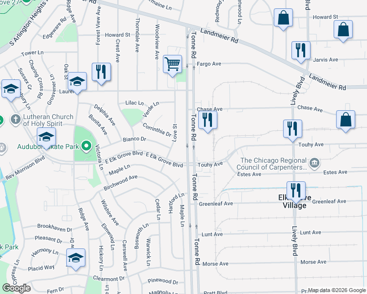 map of restaurants, bars, coffee shops, grocery stores, and more near 886 Tonne Road in Elk Grove Village