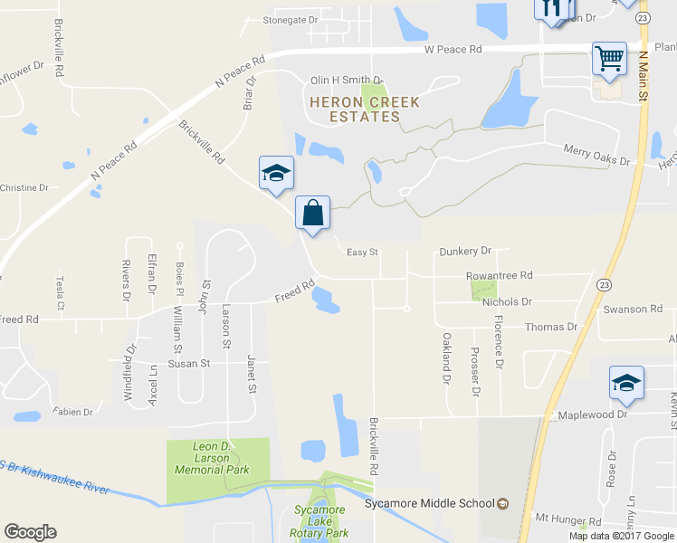 map of restaurants, bars, coffee shops, grocery stores, and more near 639 West Brickville Road in Sycamore