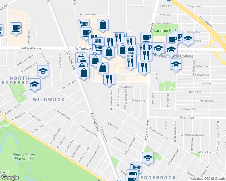 map of restaurants, bars, coffee shops, grocery stores, and more near 6959 North Dowagiac Avenue in Chicago
