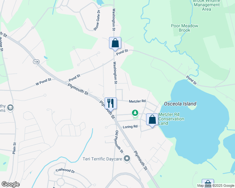 map of restaurants, bars, coffee shops, grocery stores, and more near 2216 Washington Street in East Bridgewater
