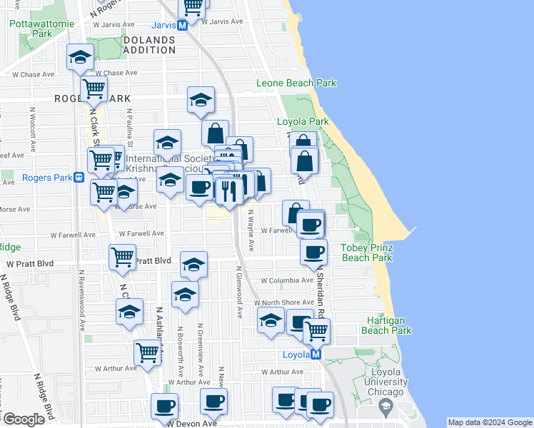 map of restaurants, bars, coffee shops, grocery stores, and more near 6921 North Wayne Avenue in Chicago