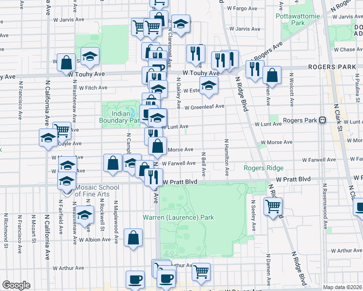 map of restaurants, bars, coffee shops, grocery stores, and more near 2308 West Morse Avenue in Chicago