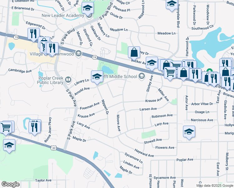 map of restaurants, bars, coffee shops, grocery stores, and more near 1321 Carlson Drive in Streamwood