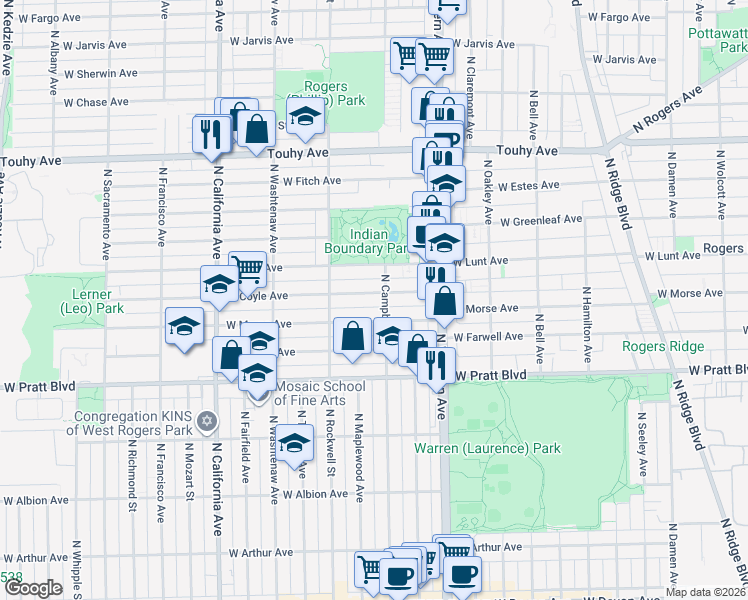 map of restaurants, bars, coffee shops, grocery stores, and more near 2511 West Coyle Avenue in Chicago