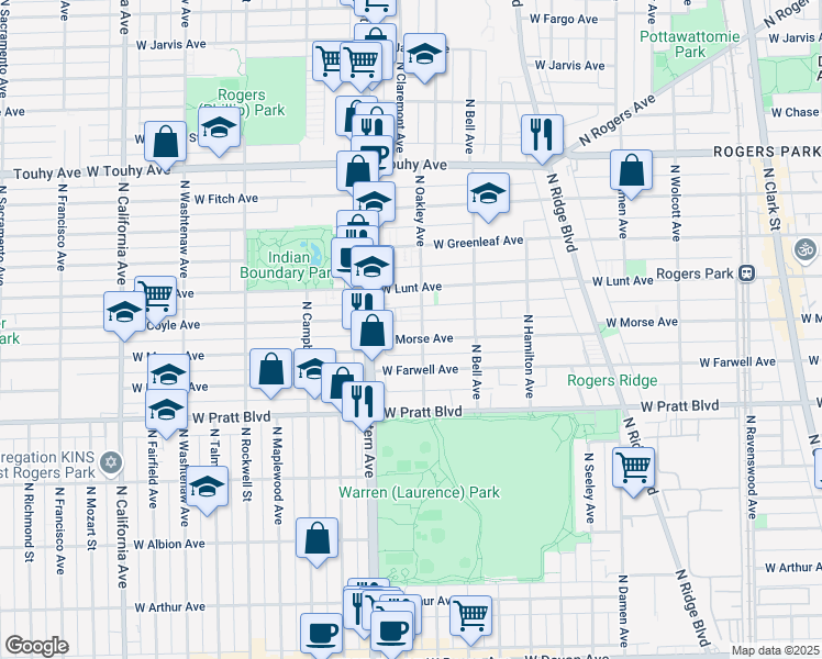 map of restaurants, bars, coffee shops, grocery stores, and more near 2308 West Morse Avenue in Chicago