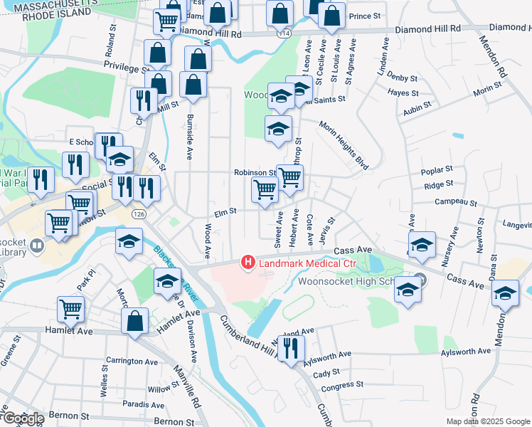 map of restaurants, bars, coffee shops, grocery stores, and more near 521 Elm Street in Woonsocket
