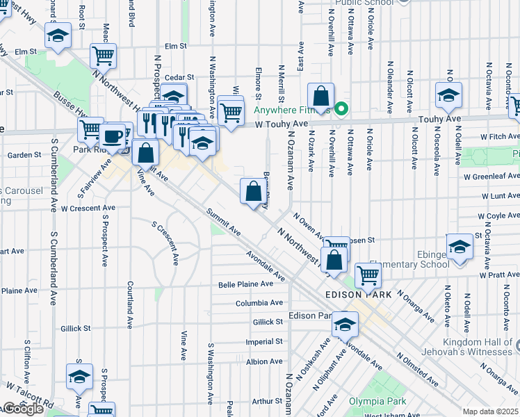 map of restaurants, bars, coffee shops, grocery stores, and more near 302 Berry Parkway in Park Ridge