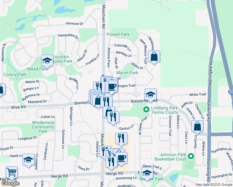 map of restaurants, bars, coffee shops, grocery stores, and more near 1556 Columbia Drive in Elk Grove Village