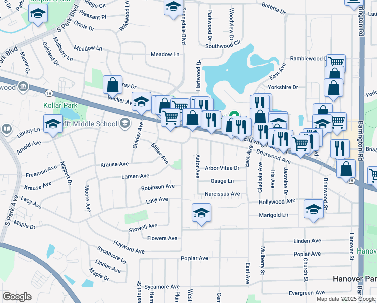 map of restaurants, bars, coffee shops, grocery stores, and more near 1515 McKool Avenue in Streamwood