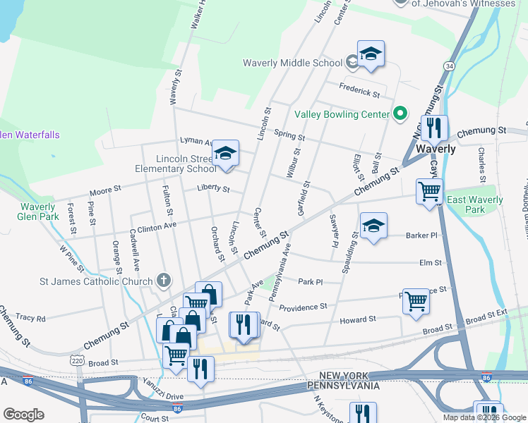 map of restaurants, bars, coffee shops, grocery stores, and more near 104 Center St in Waverly