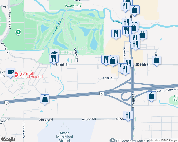 map of restaurants, bars, coffee shops, grocery stores, and more near 1609 Golden Aspen Drive in Ames