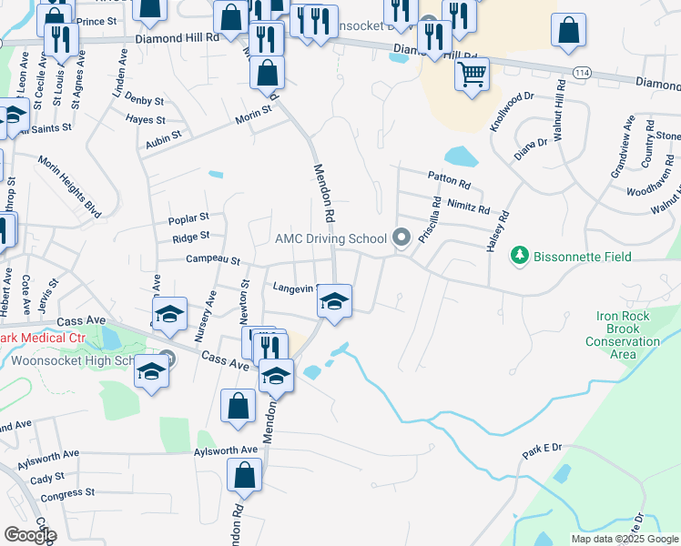 map of restaurants, bars, coffee shops, grocery stores, and more near 70 Conrad Street in Woonsocket